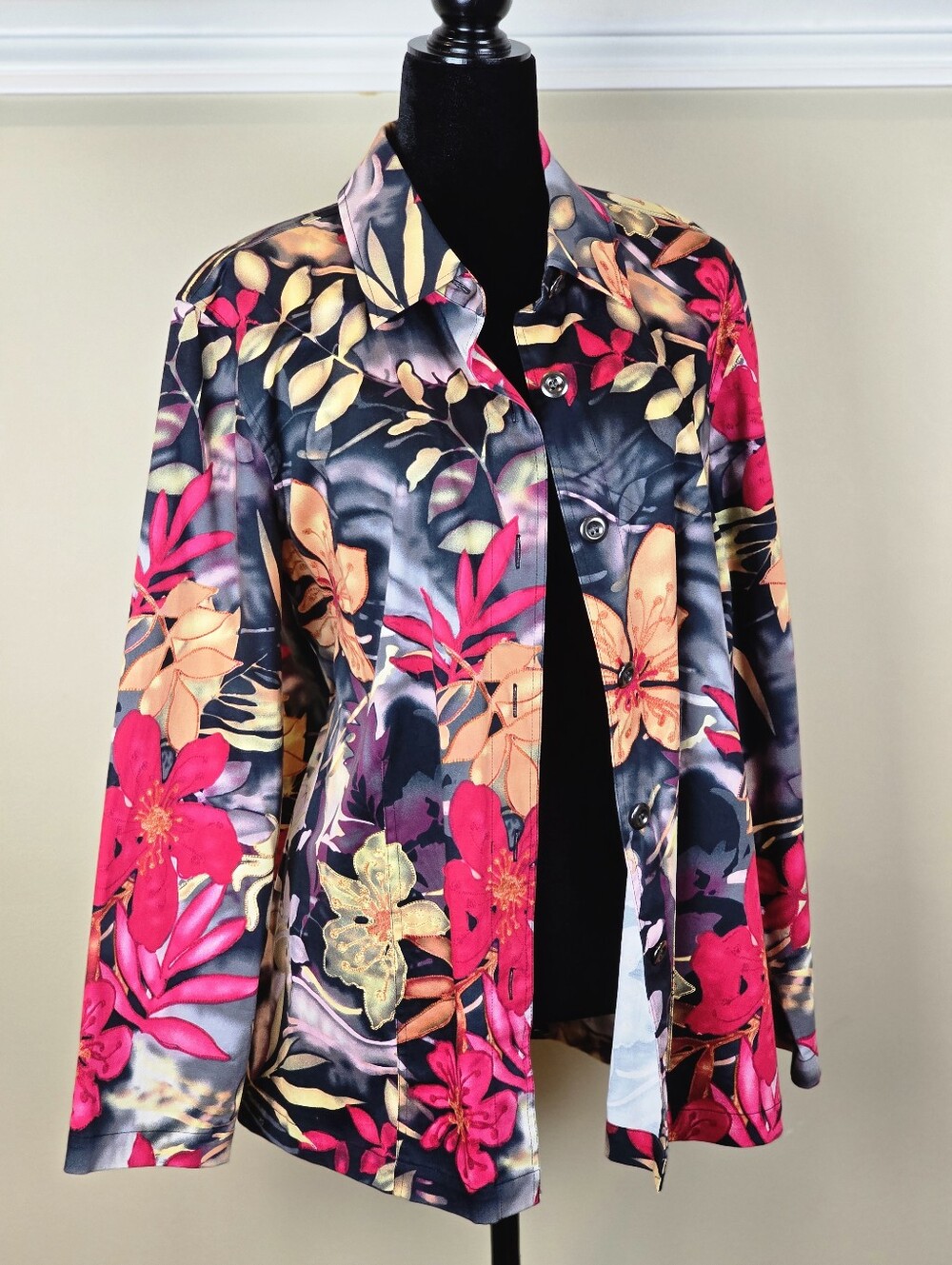 Chico's Cotton Blend Vibrant Floral Shirt Jacket Artsy Boho Shacket Multi-Color